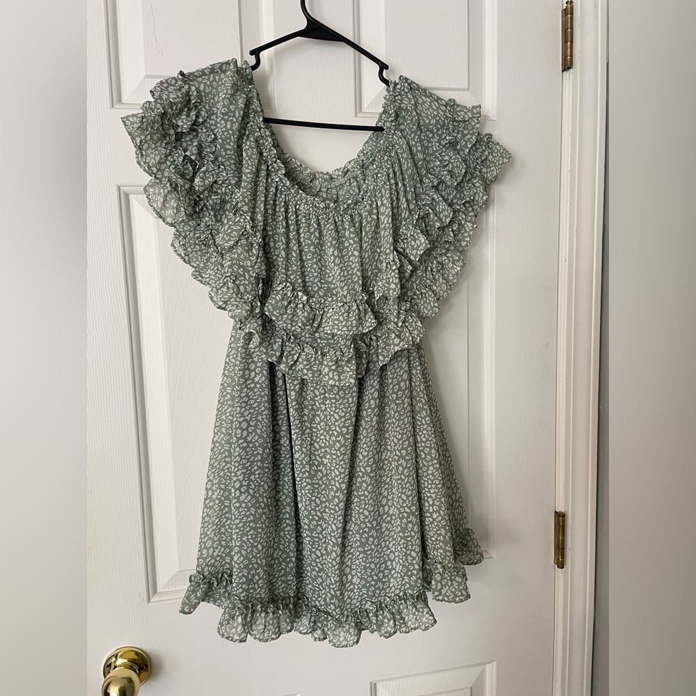Blue B green and white off the shoulder dress